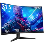 KOORUI 31.5 Inch Computer Monitor QHD 1440P Ultrawide Gaming Monitor 170Hz VA 1500R Monitors with Ultra-Thin, HDMI X2 /DP, VESA Compatible, Tilt Adjustable, Eye Care