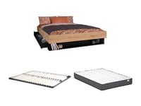 Lit avec tiroir et niche 160 x 200 cm - Coloris : Naturel et noir + Sommier + Matelas - MISTA