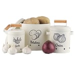 Navaris Set Boîtes Rangement Légumes - 3x Pot Rétro Conservation Pomme de Terre Oignon Ail - 3x Bac de Cuisine en Fer Couvercle avec Poignée Bois