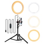LED Ring Light with Tripod Stand, 10" Dimmable Selfie Ring Light Kits with Phone Holder, 3 Colors & 10 Brightness, for Live Streaming/Makeup/YouTube Video/Photography/Tiktok