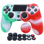 Water Transfer Printing Silicone Skin For PS4 RALAN ,PS4 Silicone Skin Controller For PS4 Slim/PS4 Pro Controller (Black Pro Thumb Grip x 8 ,Cat + Skull Cap Cover Grip x 2) (White Green&Red)