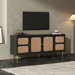 Meuble tv en rotin 180x40x72 cm - 4 portes en rotin, étagères réglables en hauteur, tv jusqu'à 80 pouces, noir