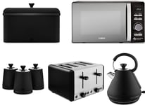 Tower Sera Black Kettle Toaster Microwave Breadbin & Canisters Kitchen Set of 7