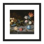 Van Der Ast Still Life Fruit Flowers Painting 8X8 Inch Square Wooden Framed Wall Art Print Picture with Mount