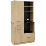 HOMCOM Armoire de Cuisine Buffet de Cuisine Multi-rangements étagères réglables Hauteur 170 cm avec 2 tiroirs 2 placards 4 niches et Passe-câbles Noir Naturel