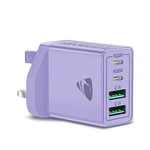 USB C Plug, Aioneus 40W 4-Port Fast USB C Charger Plug Dual Port PD Power Adapter + QC Mains Wall Chargers Type C Charger Plug for iPhone 15 14 13 12 Pro Max Samsung iPad, Limited Edition Purple