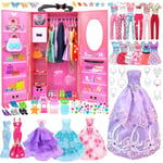 Doll Clothes and Accessories with Doll Closet for 11.5 Inch Doll Fashion Design Set Girl Doll Dress Up Including Wedding Dress Tops and Pants Outfits Shoes Bags Necklaces Toys Gifts for Girls