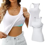 V FOR CITY Women's Vest Tops Racerback Gym Tank Tops with Shelf Bra Cotton Soft Undershirt 2 Pack White/White S