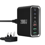 USB C Fast Charger Plug, 200W GaN 7-Ports Fast Charging Station Hub Mutil Wall Plug with PD 65W Laptop Charger+18W QC Power Desktop Charger for iPhone 16/15/14 13, MacBook, iPads,Steam Deck, Samsung