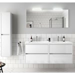 Caesaroo - Meuble de salle de bain suspendu 140 cm Blanc brillant avec Lavabo en charge minéral Avec double miroir et lampe led - 140 cm