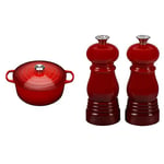 LE CREUSET Signature Enamelled Cast Iron Round Casserole Dish With Lid + Le Creuset Classic Salt & Pepper Mill Set, Personal Use, Chip-resistant ABS Plastic, Anti-Corrosion, 11 cm, Cerise