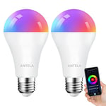 ANTELA Smart Bulb E27 A65 12W 1320LM Alexa WiFi Light Bulbs, 2700K-6500K RGB Dimmable Light, Compatible with Alexa/Google Home, 2 Packs