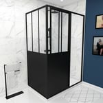 Pack paroi porte de douche coulissante 120x200cm + retour 80cm type atelier - noir mat - verre 5mm