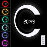 Horloge Murale numérique LED avec télécommande, CestMall Horloge Murale alimentée par USB, 12/24H, température, 3 luminosités, lumière RVB 7 Couleurs, Alarme et répétition, Horloge Creuse Miroir 12''