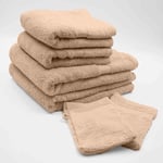 Douceur d'Intérieur, Set de 2 Gants (15 x 21 cm), 2 Serviettes (50 x 90 cm) et 2 Draps de Douche (70 x 130 cm) Eponge Unie, Elégance Noisette