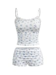 GORGLITTER Women's Floral Lace Shorts and Top Set Cami Crop Top 2 Piece Cute Ruched Lounge Wear Set White L