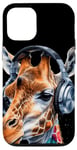 Coque pour iPhone 15 Pro Girafe Écouteurs Coloré Drôle Animaux Motif Imprimé