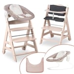 hauck Chaise Haute Bébé Beta Plus (Lot 5 Pièces) - Évolutive dès Naissance avec Transat Nouveau-Né Inclinable Newborn Set, Tablette Repas, Coussin et Réducteur - Bois Clair Stretch Beige