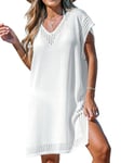 CUPSHE Cache-maillot de bain en tricot avec manches chauve-souris et col en V pour femme, robe d'été 2024, blanc, Taille L