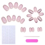 24 st Almond Press on Nails Korta, Franska Spets Falska Naglar Glansiga Rosa Glitter Falska Naglar med Limklistermärken, Oval Akryl Full Cover Lim på Naglar