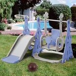 Toboggan pour enfants 4 en 1, balançoire avec support de basket-ball, échelle d'escalade, balançoire, toboggan de jardin intérieur et extérieur - Bleu