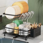 LIONONLY 2 Tier Dish Drainer Rack with Drip Tray, Detachable Large Dish drying Rack with Swivel Drainage Spout, Utensil & Cup Holder,Dish Rack for Kitchen Counter