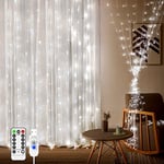 Curtain Fairy Lights Indoor Outdoor 200 LED 2 mx2 m Waterfall Plug in String Lights Waterproof Window Lights USB, Remote Timer 8 Modes for Bedroom Wall Wedding Party Xmas Decoration Cool White