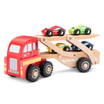 New Classic Toys - Wooden Car Transporter with 4 Vehicles - Montessori Toys, Toy Cars, Car Games, Wooden Cars, Wooden Toys, Truck Toy, Car Game - Set of 1