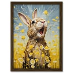 Artery8 The Happy Bunny Rabbit Playing in a Field of Daisies Vibrant Oil Painting Kids Bedroom Blue Yellow Bright Summer Meadow Artwork Framed A3 Wall Art Print