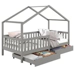 Lit cabane ELEA lit enfant simple montessori 90 x 200 cm, avec 2 tiroirs de rangement, en pin massif lasuré gris