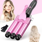 3 Barrels Hair Waver for Large, Waver Curling Wand-25mm Curling Iron with PTC Ceramic Barrels, Temperature Setting and Quick Heating with Heat-resistant Glove - Pink