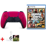 Manette sans Fil PS5 DualSense Rouge Officiel + GTA V Jeu PS5 + Flash LED