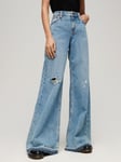 Superdry Raw Hem Wide Leg Flare Jeans, Sun Beach Blue