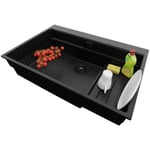 Evier Cuisine Tout Noir 78x53cm, 1 bac + Kit de Vidage + Accessorie, Evier a Encastrer au meuble 80cm, Oslo Max de Primagran