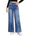 Roskiky Jean pour femme - Taille haute - Pull On Mom - Jean extensible - Taille haute - Pantalon tendance - Couture avant - Jean ample des années 90, Bleu classique, S