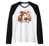 Cute Ghost Reading Book Lovers Halloween Ghost Coffee Women Raglan Baseball Tee