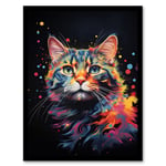 Tabby Cat Lover Gift Pet Portrait Blue Pink Orange on Black Artwork Painting Art Print Framed Poster Wall Decor