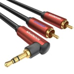 SOUNDFAM 3.5mm Aux to RCA Audio Cable 3m, 90 Degree Right Angle 3.5mm TRS Male to 2RCA Male Y Splitter Cable 24K Gold-Plated Double Shielded for Smartphone, Speaker, MP3, Tablet & More