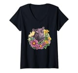 Womens Hippo Surrounded By Daisy Blooms V-Neck T-Shirt