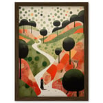 Walk on the Countryside Hill Path Folk Art Oil Painting Red Orange Green Abstract Landscape Artwork Framed Wall Art Print A4