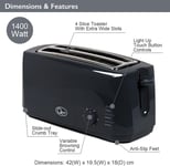 Quest 4 Slice Toaster Black - Extra Wide Long Slots for Crumpets and Bagels - 6