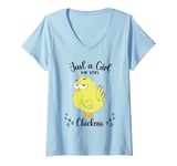 Womens Just a Girl Who Loves Chickens Yellow Lover Women Girls V-Neck T-Shirt