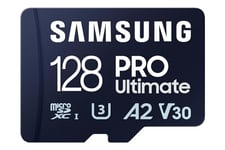 Samsung PRO Ultimate microSD memory card, 128 GB, UHS-I U3, 200 MB/s read, 130 MB/s write, Includes SD adapter, for smartphone, drone or action cam