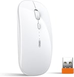 Souris sans fil rechargeable, [mise à niveau], souris ultra mince Silent 2.4G souris sans fil 1600 DPI avec récepteur USB pour ordinateur portable PC PC Tablette Mac, Niveau de batterie Visible,Blanc