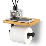 Porte Papier Toilette avec Etagère Bambou Salle de Bain Porte Rouleau en Acier Inoxydable SUS304 Support Mural Noir Mat,Version sans perçage