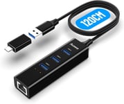 Adaptateur USB vers Ethernet,rallonge de 3.3ft,Hub USB 3 Ports répartiteur USB 3.0 RJ45 + Adaptateur réseau Gigabit Ethernet,avec Adaptateur USB Type C,Compatible Windows,MacBook,Surface.[W225]