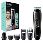 Braun 6-in-1 All-in-One Series 3, Male Grooming Kit with Beard Trimmer, Hair Clippers & Precision Trimmer, 5 Attachments, Gifts for Men, UK 2 Pin Plug, MGK3221, Black/Volt Green