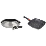 KAMBERG - Set de poêles Lot Batterie de cuisine inox 4 pièces - Acier inoxydable - Revêtement pierre & Poêle Grill 28 x 28 cm - Manche Amovible - Fonte d'Aluminium - Revêtement Type Pierre