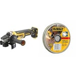 DEWALT - Meuleuse Brushless XR 18V 5Ah Li-Ion - Meuleuse Électrique sans Fil avec Coffret TSTAK, Poignée Latérale + Carter de Protection & Boîte de 10 Disques à Tronçonner Standards en Acier