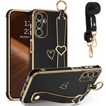 GUAGUA Coque Samsung Galaxy A14 5G avec Cordon et Bracelet comme Support,Coque Arrière AntiChocs en TPU Souple avec Motif Coeur,Housse Etui de Protection avec Collier pour Fille Femme,Case Noir